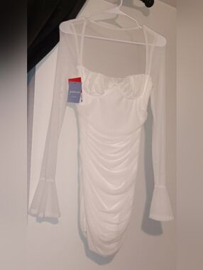 White Ruched Mini Dress with Sheer Bell Sleeves